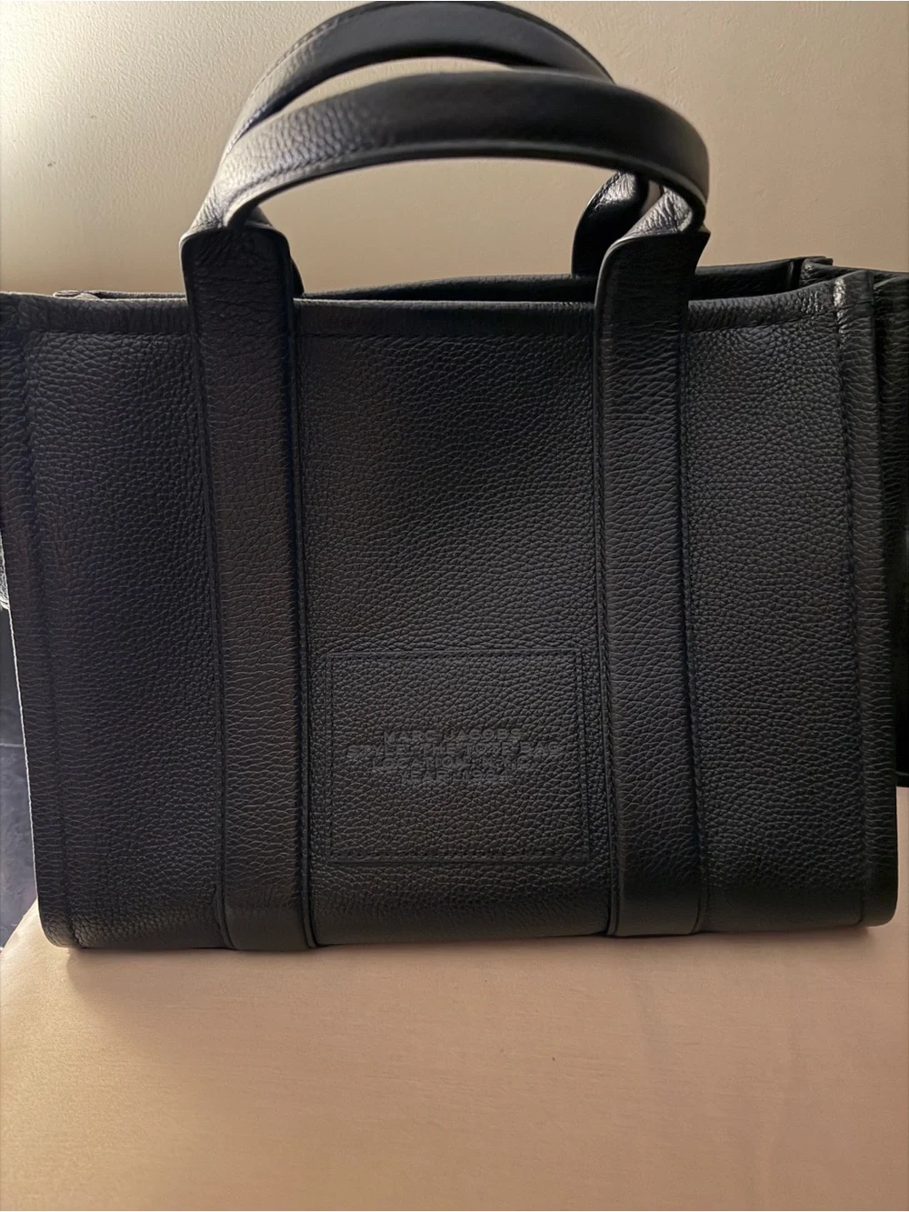 Marc Jacobs Black Pebbled Leather Tote Bag with Embossed Logo